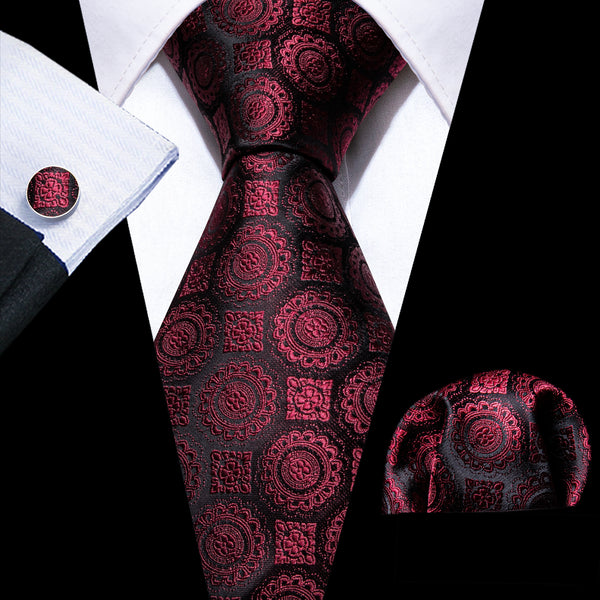Burgundy Novelty Silk Men's Necktie Pocket Square Cufflinks Set