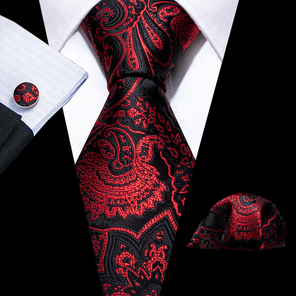 Black Red Paisley Silk Men's Necktie Pocket Square Cufflinks Set
