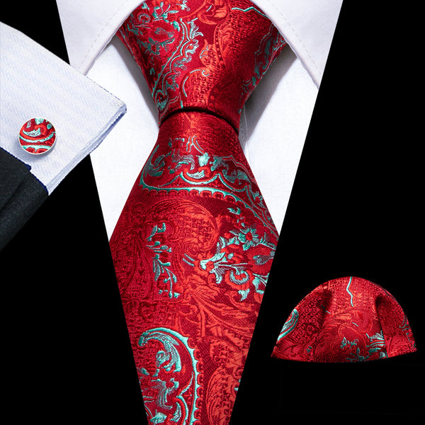 Red Mint Paisley Silk Men's Necktie Pocket Square Cufflinks Set