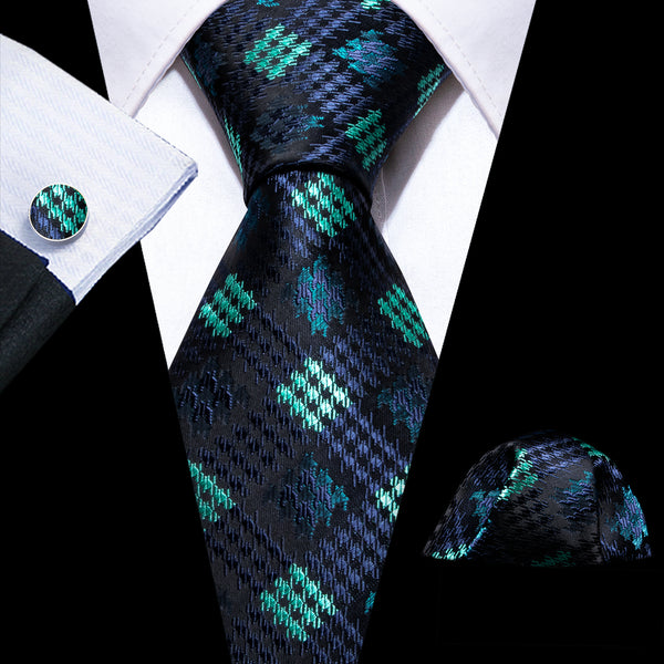 Black Mint Plaid Silk Men's Necktie Pocket Square Cufflinks Set