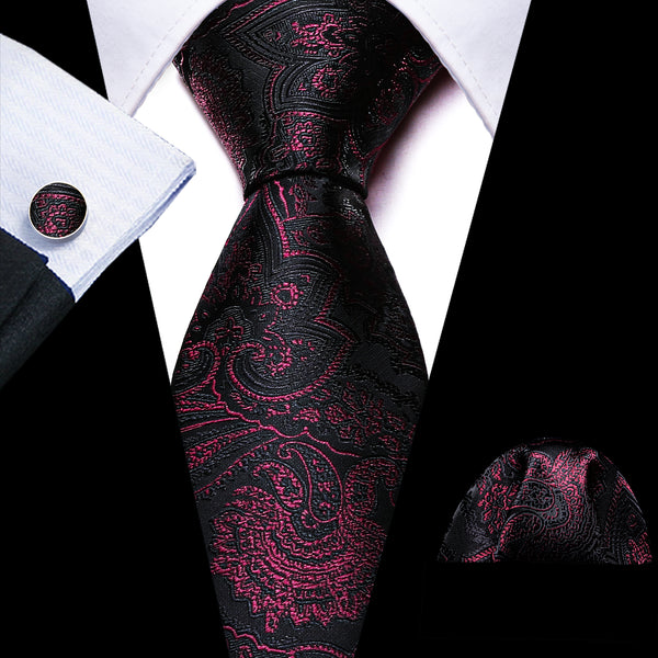 Black Purple Red Paisley Silk Men's Necktie Pocket Square Cufflinks Set