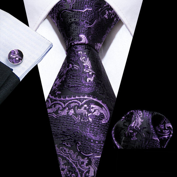 Dark Purple Paisley Silk Men's Necktie Pocket Square Cufflinks Set