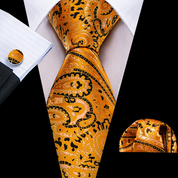 Orange Brown Paisley Silk Men's Necktie Pocket Square Cufflinks Set