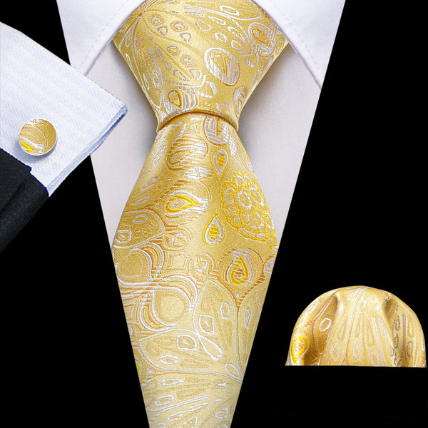 Yellow Floral Silk Men's Necktie Pocket Square Cufflinks Set
