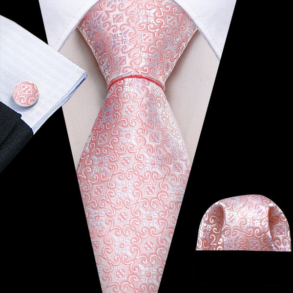 Pink Novelty Silk Men's Necktie Pocket Square Cufflinks Set