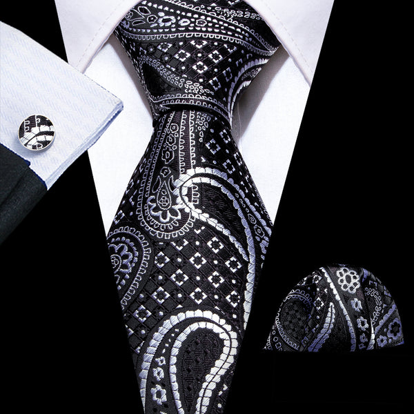 Black White Paisley Silk Men's Necktie Pocket Square Cufflinks Set