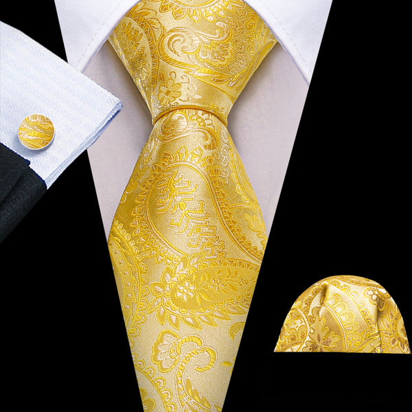 Yellow Paisley Silk Men's Necktie Pocket Square Cufflinks Set