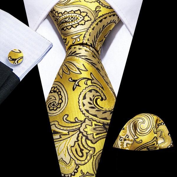 Yellow Black Paisley Silk Men's Necktie Pocket Square Cufflinks Set