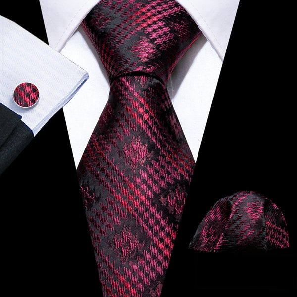 Black Burgundy Plaid Silk Men's Necktie Pocket Square Cufflinks Set