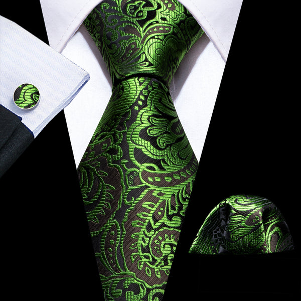 Brown Green Paisley Silk Men's Necktie Pocket Square Cufflinks Set