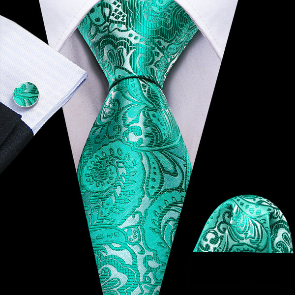 Mint Green Paisley Silk Men's Necktie Pocket Square Cufflinks Set