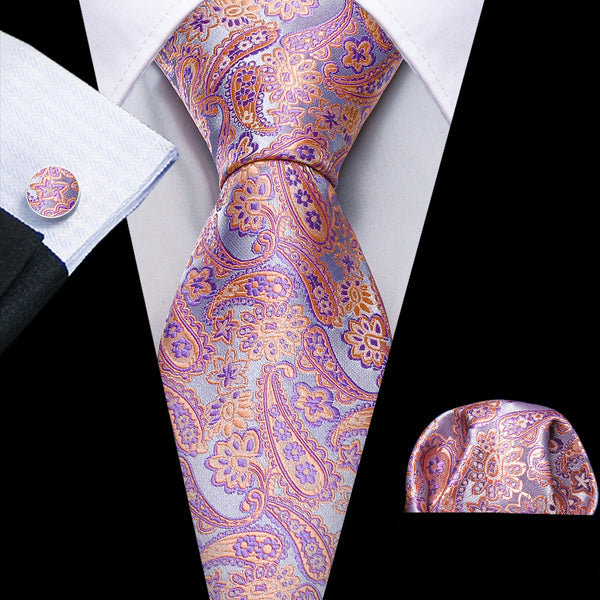 Purple Light Orange Paisley Silk Men's Necktie Pocket Square Cufflinks Set