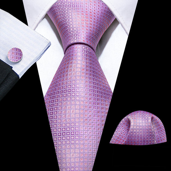 Purple Pink Gradient Plaid Silk Men's Necktie Pocket Square Cufflinks Set