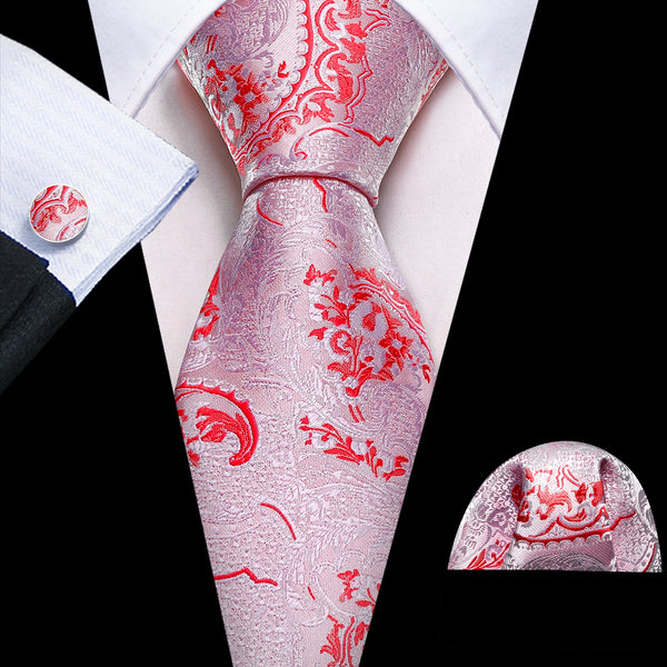 Pink Red Paisley Silk Men's Necktie Pocket Square Cufflinks Set