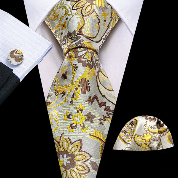 Champagne Brown Yellow Paisley Silk Men's Necktie Pocket Square Cufflinks Set