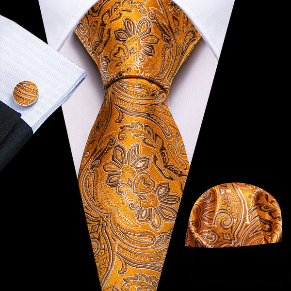 fashion floral silk mens brown and orange tie pocket square cufflinks set