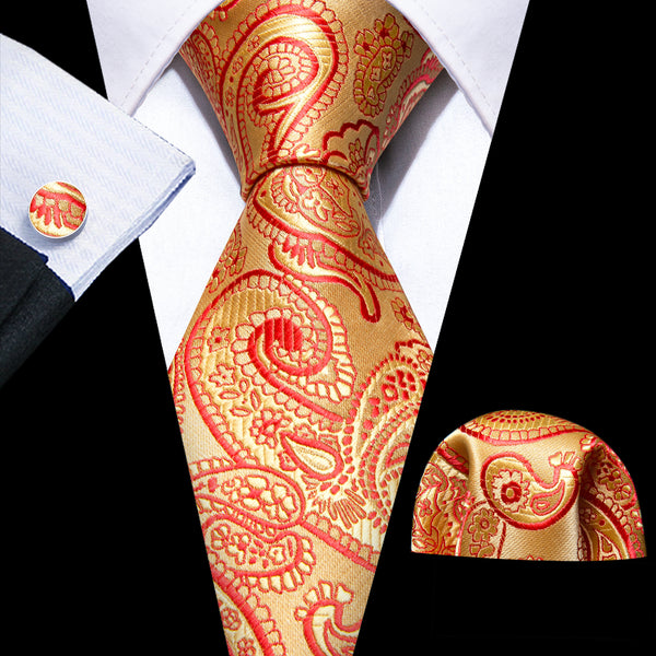 Orange Red Paisley Silk Men's Necktie Pocket Square Cufflinks Set