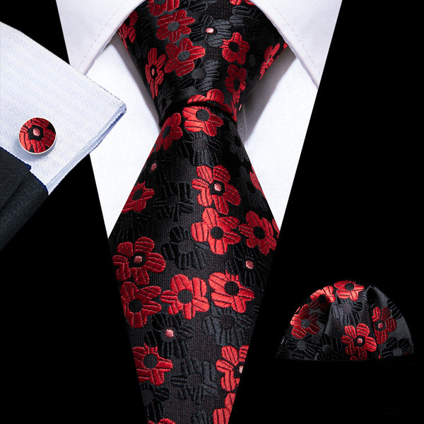 Black Red Floral Silk Men's Necktie Pocket Square Cufflinks Set