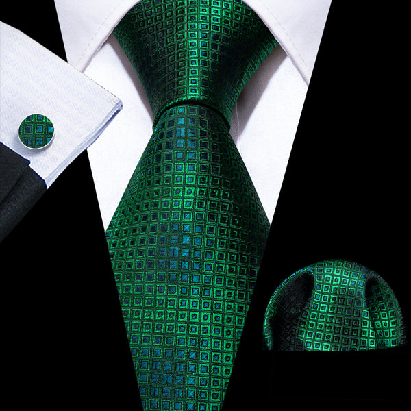 Green Plaid Silk Men's Necktie Pocket Square Cufflinks Set