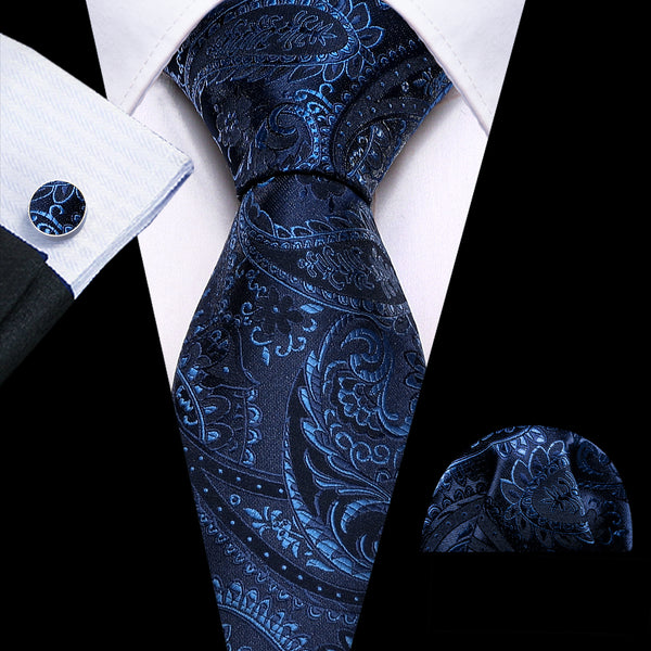 New Royal Blue Paisley Silk Men's Necktie Pocket Square Cufflinks Set