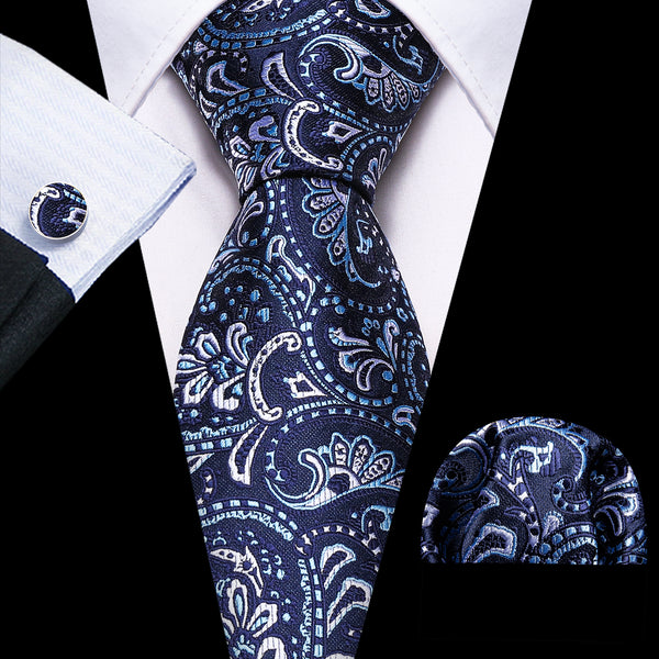Blue White Paisley Silk Men's Necktie Pocket Square Cufflinks Set