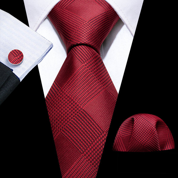 Burgundy Red Plaid Silk Men's Necktie Pocket Square Cufflinks Set
