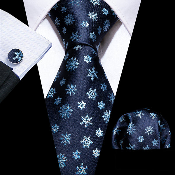 Ties2you Blue Tie Christmas Snowflake Novelty Silk Men's Necktie Pocket Square Cufflinks Set