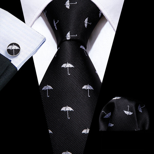 Black White Umbrella Pattern Novelty Men's Necktie Pocket Square Cufflinks Set