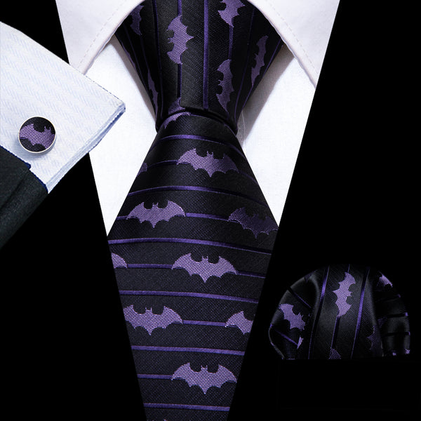 Black Purple Bat Pattern Striped Men's Necktie Pocket Square Cufflinks Set