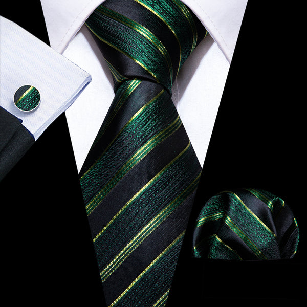 Dark Green Striped Men's Tie Handkerchief Cufflinks Set