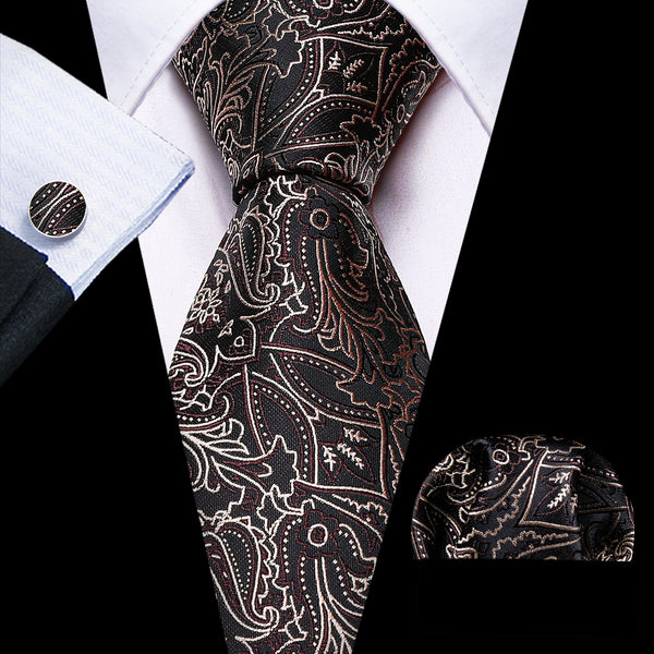 Dark Brown Paisley Silk Men's Necktie Pocket Square Cufflinks Set