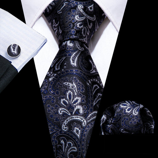 Black Blue White Paisley Men's Necktie Pocket Square Cufflinks Set