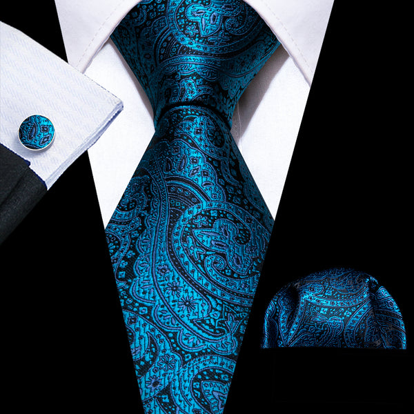 Lake Blue Black Paisley Men's Necktie Pocket Square Cufflinks Set