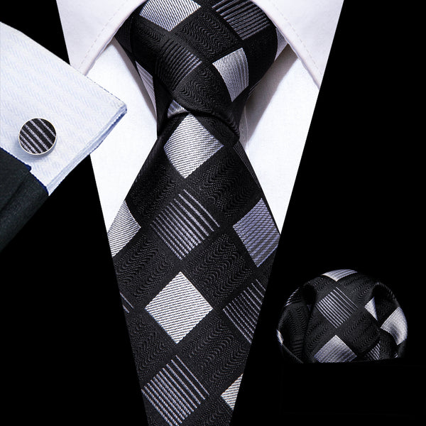 Black White Plaid Men's Necktie Pocket Square Cufflinks Set