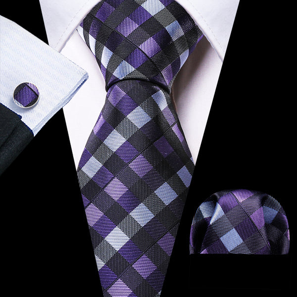 Dark Purple Plaid Silk Men's Necktie Pocket Square Cufflinks Set