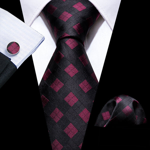 Black Burgundy Plaid Silk Men's Necktie Pocket Square Cufflinks Set