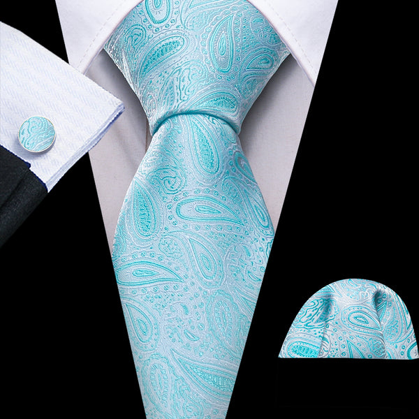 Baby Blue Paisley Silk Men's Necktie Pocket Square Cufflinks Set