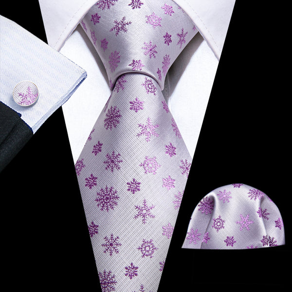 Silver Purple Snowflake Floral Silk Men's Necktie Pocket Square Cufflinks Set