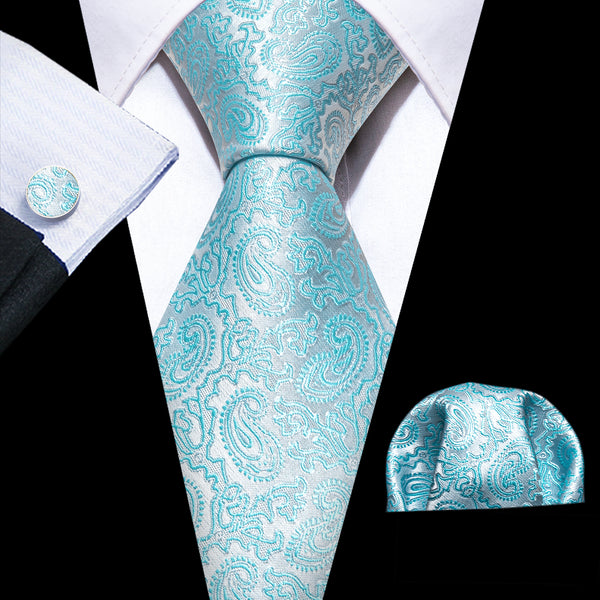 Silver Baby Blue Paisley Men's Necktie Pocket Square Cufflinks Set