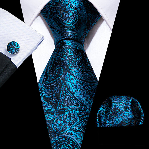 Black Blue Paisley Men's Necktie Pocket Square Cufflinks Set