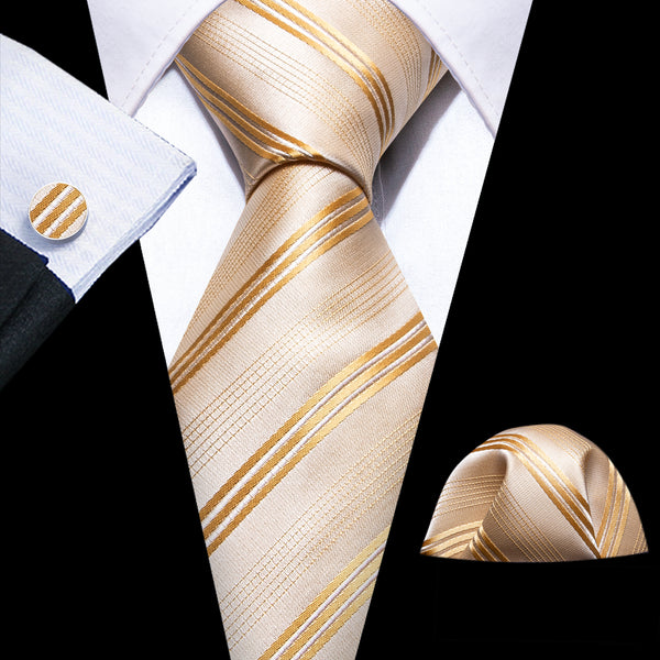 Champagne Striped Silk Men's Necktie Pocket Square Cufflinks Set