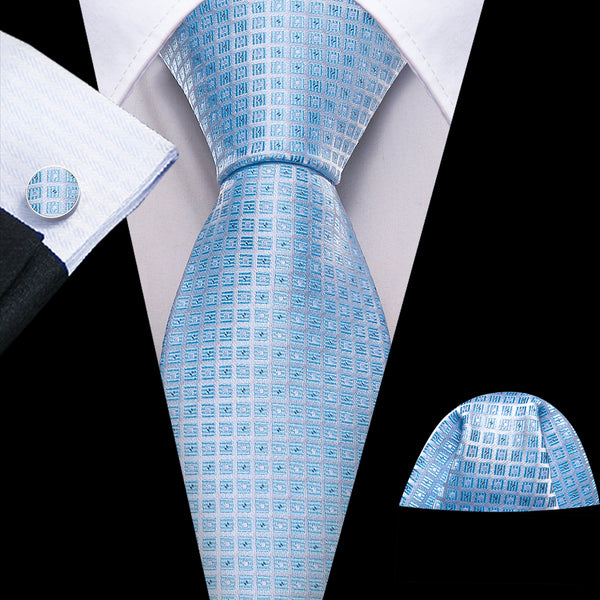 Sky Blue Plaid Silk Men's Necktie Pocket Square Cufflinks Set