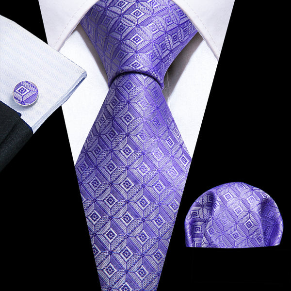 Ties2you Purple Tie Woven Silk Plaid Lavender Tie and Pocket Square Cufflinks Set for Men