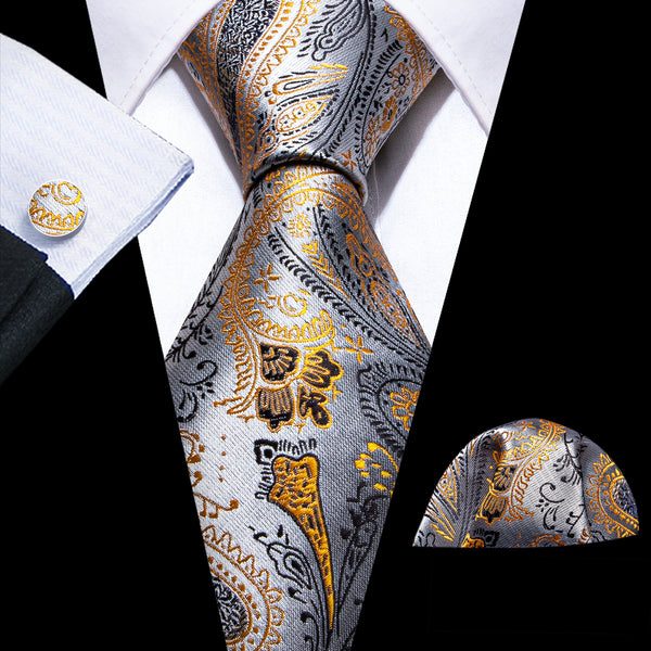 Silver Grey Golden Paisley Silk Men's Necktie Pocket Square Cufflinks Set