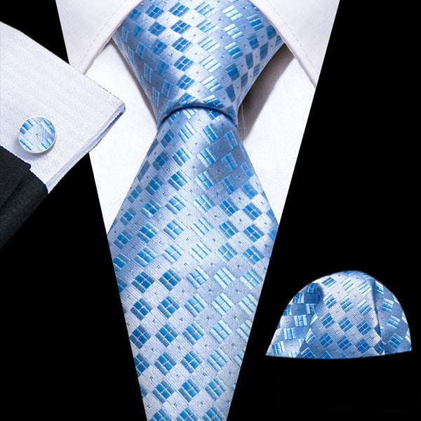 Silver Blue Plaid Silk Men's Necktie Pocket Square Cufflinks Set