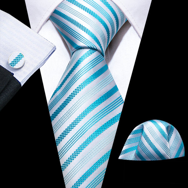 Mint Blue White Striped Silk Men's Necktie Pocket Square Cufflinks Set