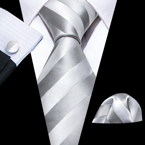 Silver Grey White Striped Silk Men's Necktie Pocket Square Cufflinks Set
