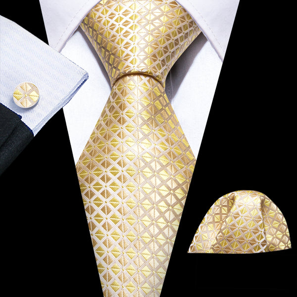  Champagne Tie Golden Plaid Silk Men's Tie Hanky Cufflinks Set
