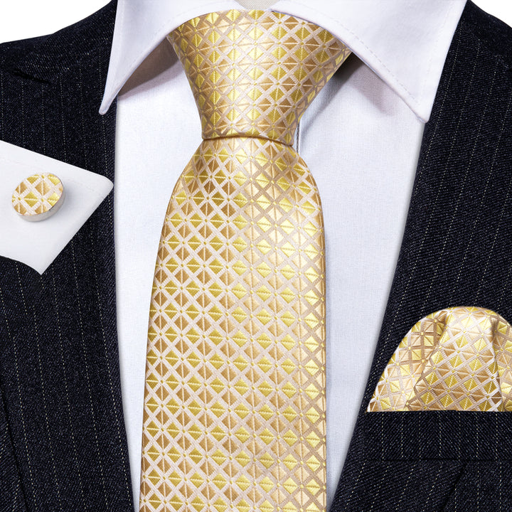  Champagne Tie Golden Plaid Silk Men's Tie Hanky Cufflinks Set