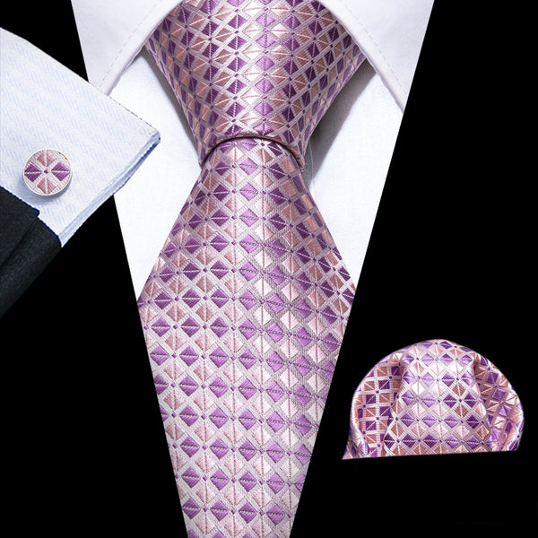 Purple Pink Plaid Men's Necktie Pocket Square Cufflinks Set